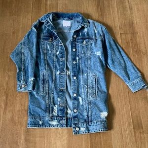 Long distressed denim jacket